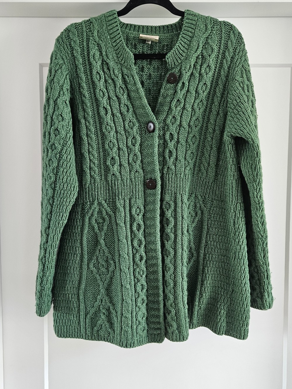 Carraig Donn Cable Knit 100% Merino Wool Cardigan Green Size Made In Ireland L
